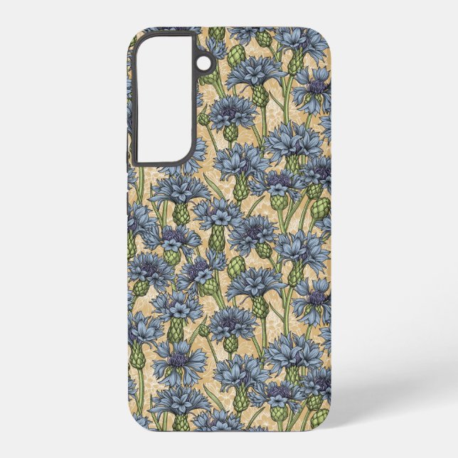 Blue cornflowers, wild flowers on honney yellow samsung galaxy s22+ case (Back)