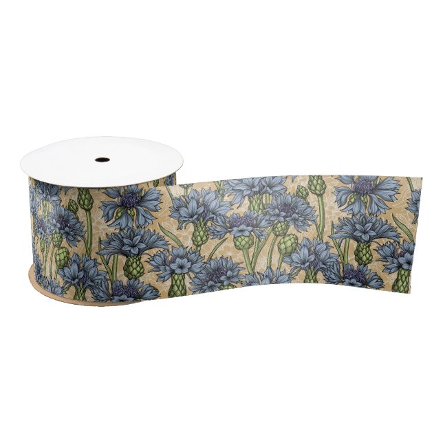 Blue cornflowers, wild flowers on honney yellow satin ribbon (Spool)