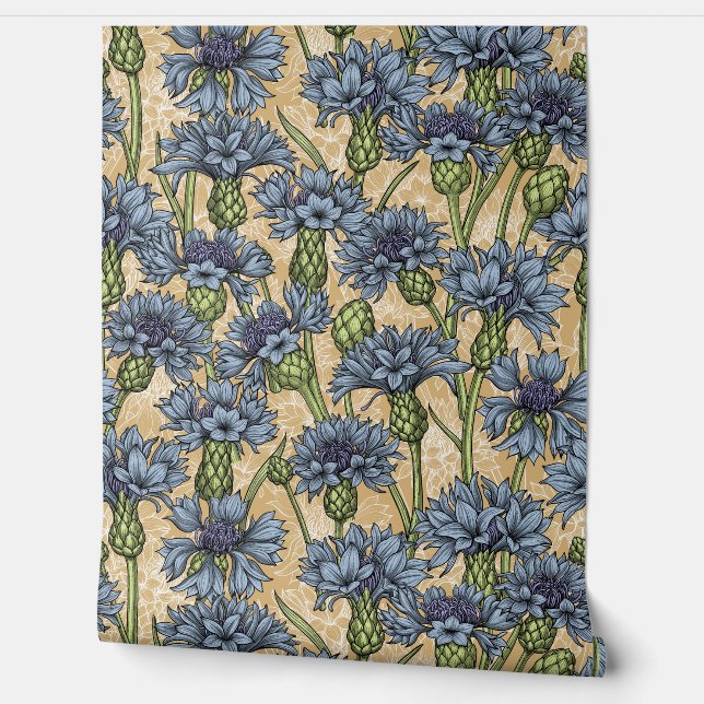 Blue cornflowers, wild flowers on honney yellow wallpaper (Unrolling)