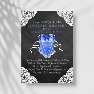 Blue Corset White Lace Chalkboard Lingerie Shower Invitation