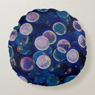 Blue Cosmic Orbs Round Cushion