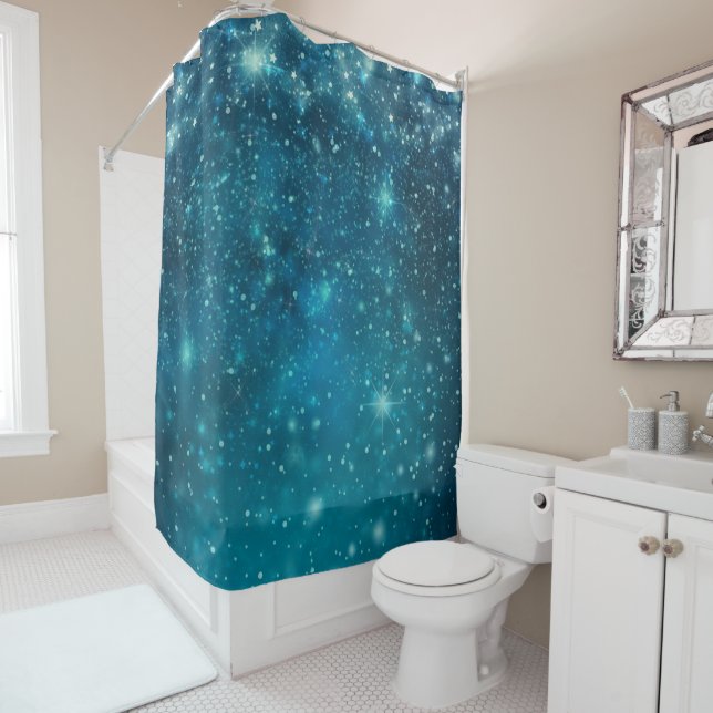 Blue Cosmic Spacey Starry Sky Shower Curtain (In Situ)