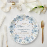 Blue Cosmos Floral Baby in Bloom Baby Shower Paper Plate<br><div class="desc">These “Baby in Bloom” plates were inspired by delicate blue cosmos flowers swaying in a spring breeze. The airy watercolor blooms create a soft floral frame that makes desserts,  cake,  and party treats look even sweeter—perfect for a stylish garden or spring baby shower celebration.</div>