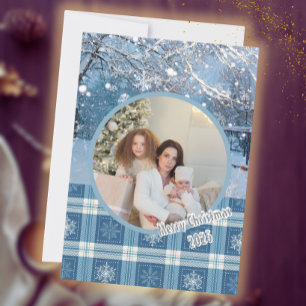 Blue Cosy Plaid Snowy Winter Photo Christmas Holiday Card