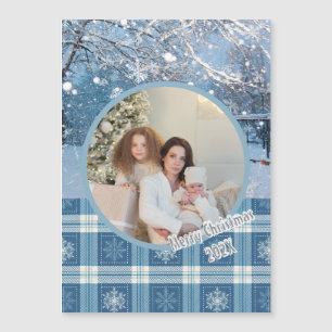 Blue Cosy Plaid Winter Christmas Magnetic Card