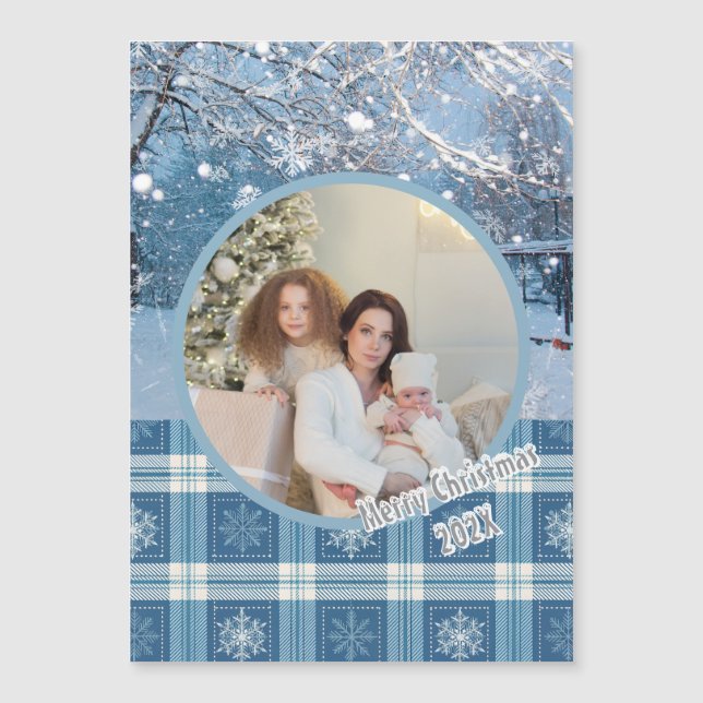 Blue Cosy Plaid Winter Christmas Magnetic Card (Front)