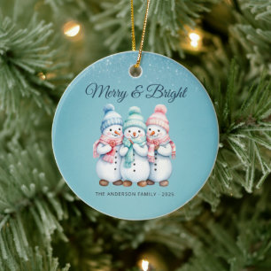 Blue Cosy Snowmen Merry Christmas Family Ornament