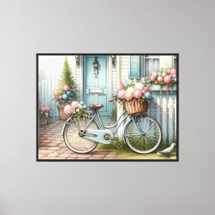 Blue Cottage Bike with Spring Flower Basket Canvas Print