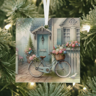 Blue Cottage Bike with Spring Flower Basket Glass Tree Decoration