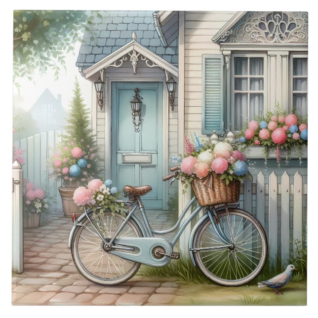Blue Cottage Bike with Spring Flower Basket Tile (Front)