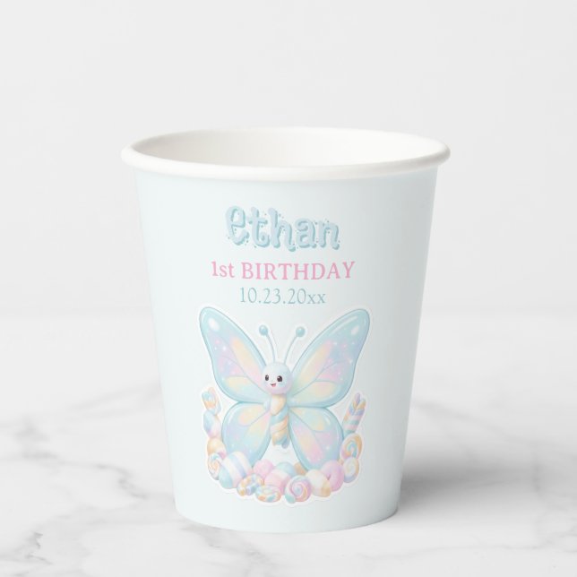 Blue Cotton Candy Butterfly Birthday Paper Cups (Front)