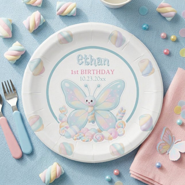 Blue Cotton Candy Butterfly Birthday Paper Plate (Blue Butterfly Birthday Paper Plate)