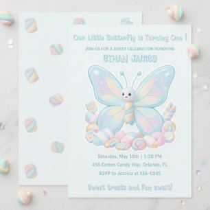 Blue Cotton Candy Butterfly Kids Birthday Invitation