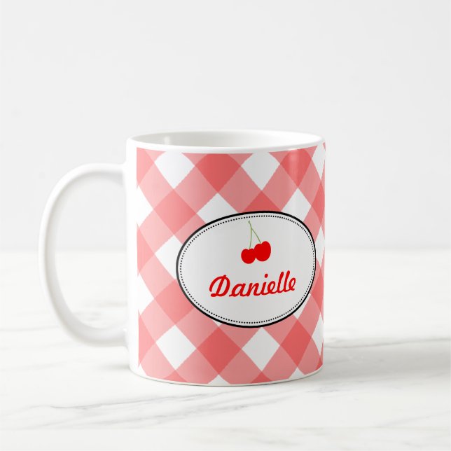 Blue country gingham pattern red cherry personal coffee mug (Left)