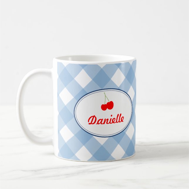 Blue country gingham pattern red cherry personal coffee mug (Left)