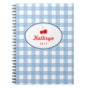 Blue country gingham pattern red cherry personal spiral notebook