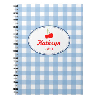 Blue country gingham pattern red cherry personal spiral notebook
