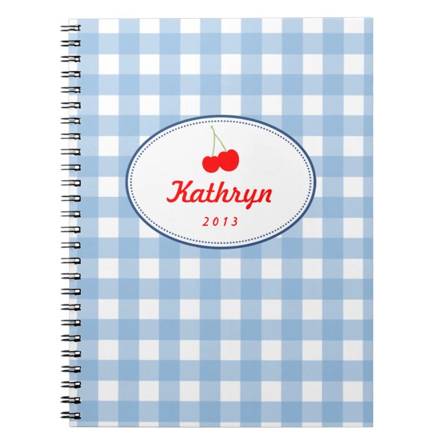 Blue country gingham pattern red cherry personal spiral notebook (Front)