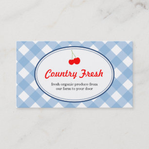Blue country gingham pattern red cherry produce business card