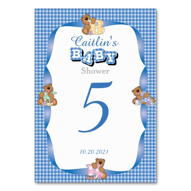 Blue Country Plaid with Baby Bears Table Numbers (Front)
