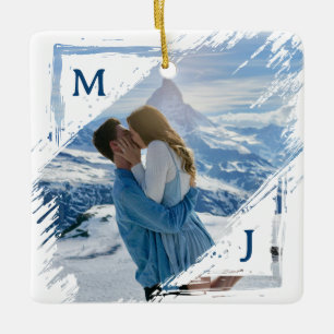 Blue Couple Photo Keepsake First Christmas Engaged Ceramic Ornament