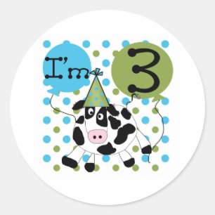 Blue Cow 3rd Birthday Classic Round Sticker