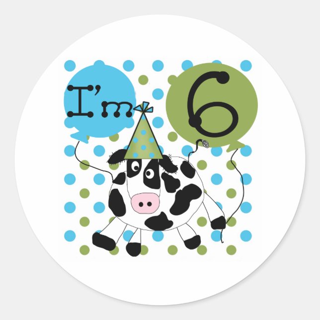 Blue Cow 6th Birthday Classic Round Sticker (Front)