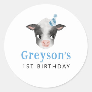 Blue Cow Birthday Party Favour  Classic Round Sticker