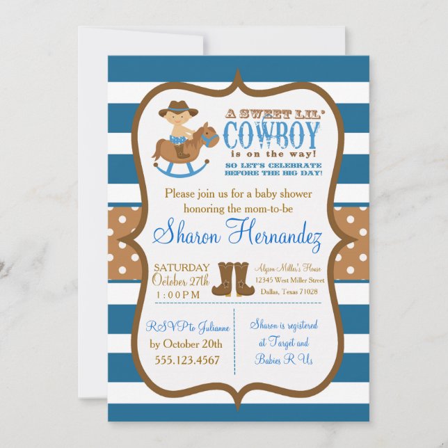 Blue Cowboy Baby Boy Shower Invitation Striped (Front)