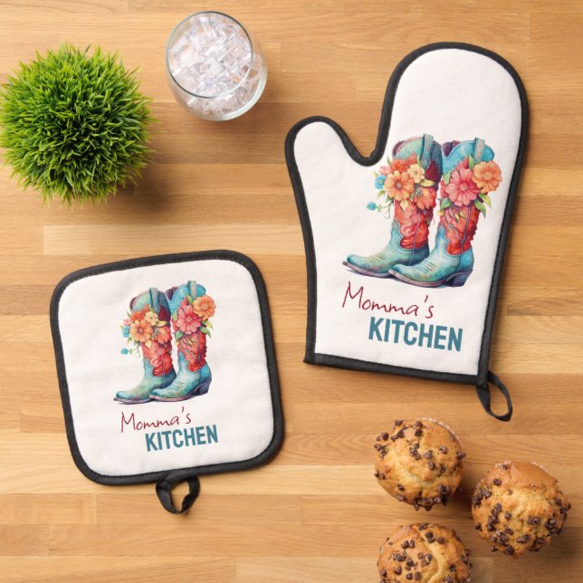 Blue Cowboy Boots & Flowers Oven Mitt & Pot Holder Set (Top Down)