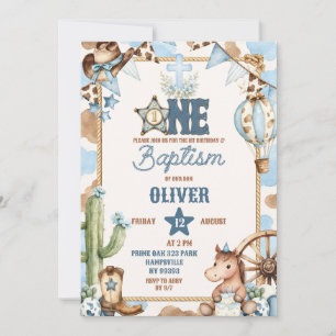 Blue Cowboy First Baptism & Rodeo Party Invitation