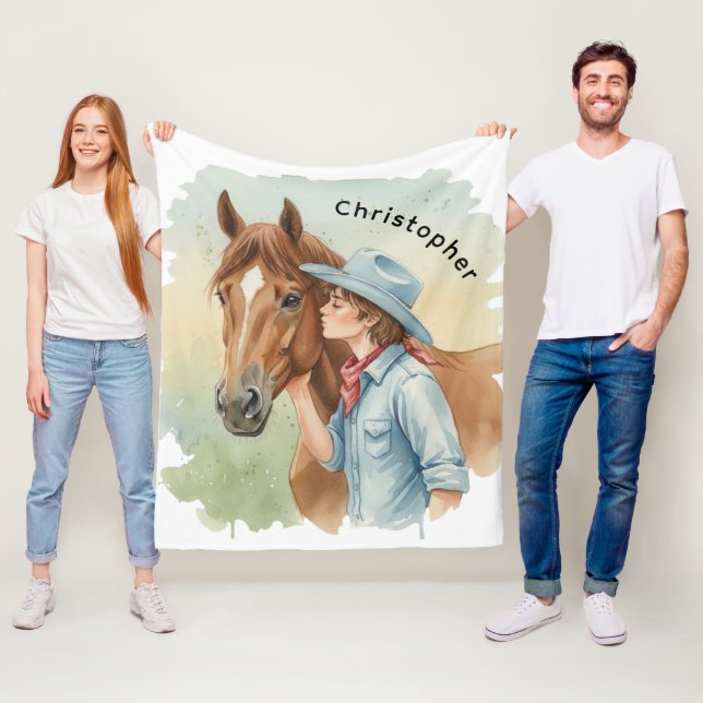 Blue Cowboy Kissing a Horse Birthday Party Gift Fleece Blanket (In Situ)
