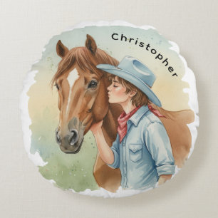 Blue Cowboy Kissing a Horse Birthday Party Gift Round Cushion