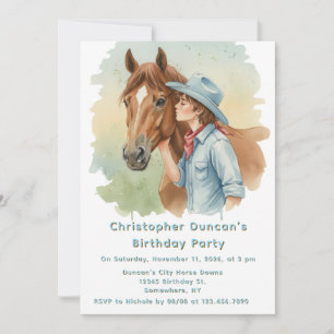 Blue Cowboy Kissing a Horse Birthday Party Invitation