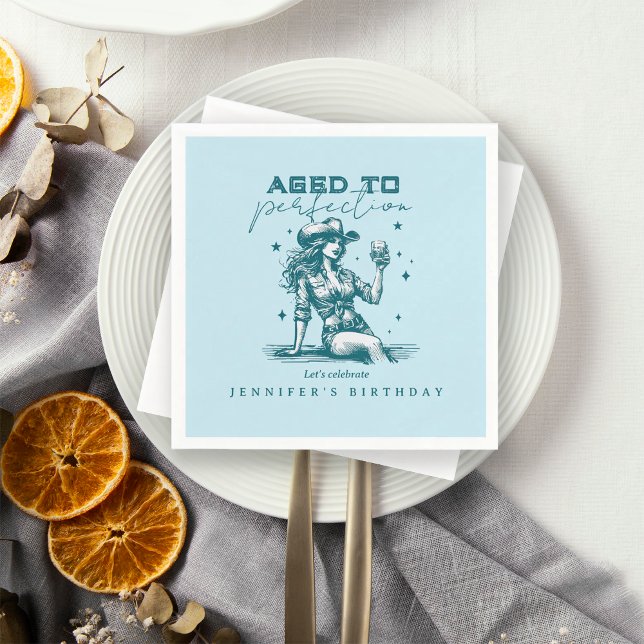 Blue Cowgirl Aged to Perfection Birthday Party  Napkin (Creator Uploaded)