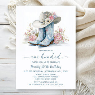 Blue Cowgirl Boots and Hat 100th Birthday Party Invitation