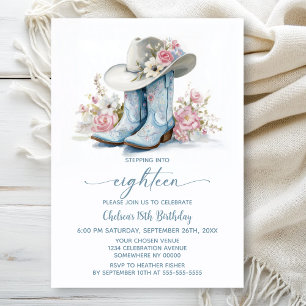 Blue Cowgirl Boots and Hat 18th Birthday Party Invitation