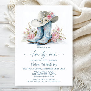 Blue Cowgirl Boots and Hat 21st Birthday Party Invitation