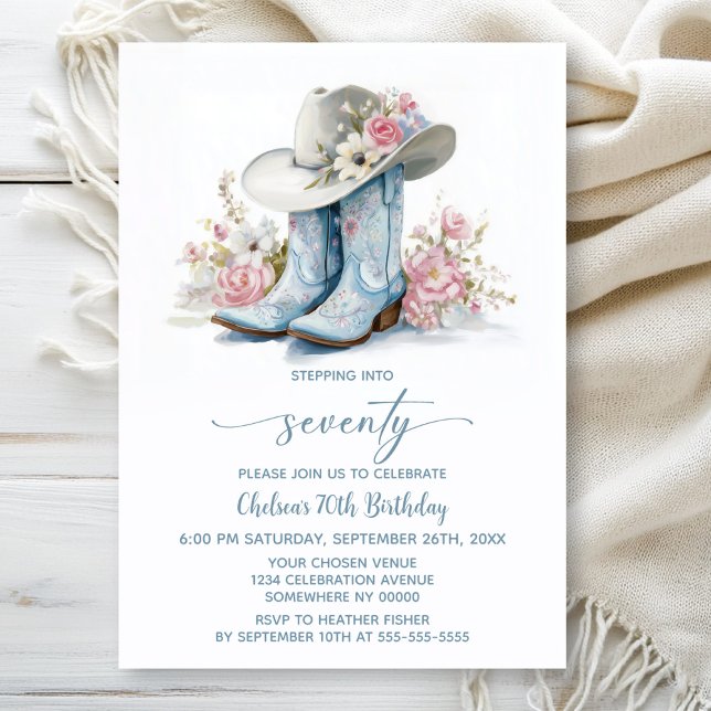 Blue Cowgirl Boots and Hat 70th Birthday Party Invitation (Creator Uploaded)