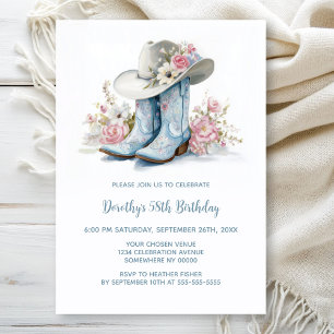 Blue Cowgirl Boots and Hat Birthday Party Invitation