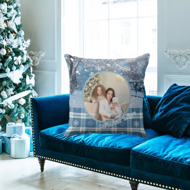 Blue Cozy Plaid Snowy Winter Photo Christmas  Cushion (Pillows may look big to show details )