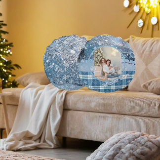 Blue Cozy Plaid Snowy Winter Photo Christmas Round Cushion