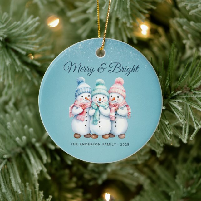 Blue Cozy Snowmen Merry Christmas Family Ornament (Tree)