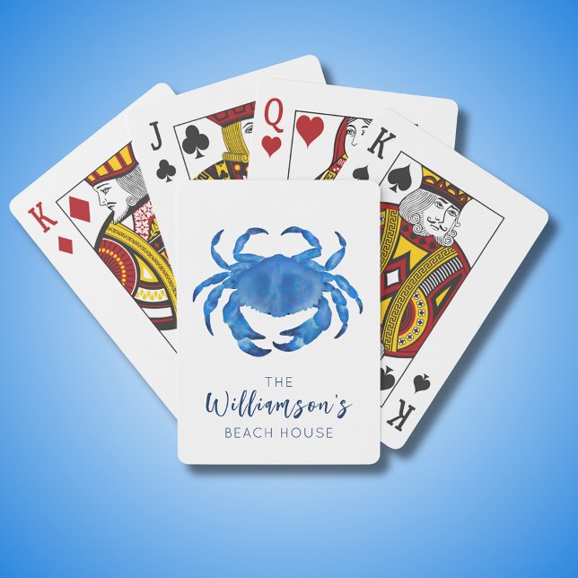 Blue Crab Beach House Family Playing Cards (Blue coastal crab playing cards with customizable text for family name or beach house.)