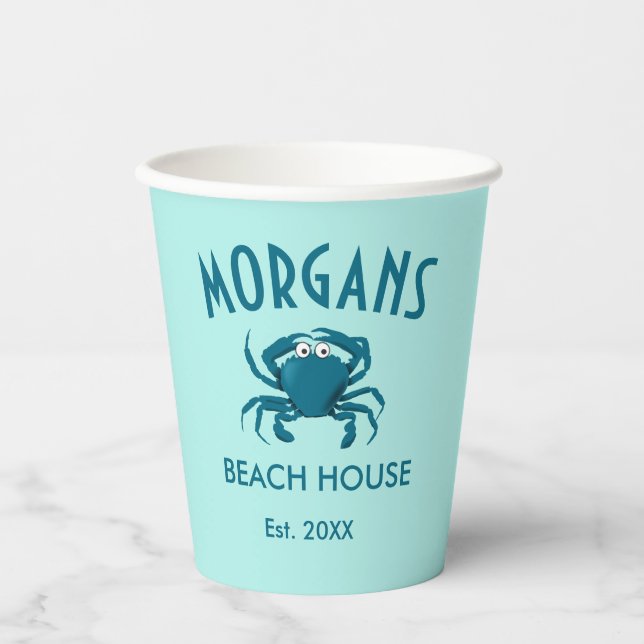 Blue Crab Beach House Personalised Paper Plates Cups (Front)