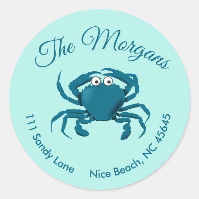 Blue Crab Beach Round Return Address Label (Front)