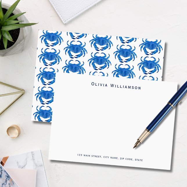 Blue Crab Coastal inspired Card (Blue coastal crab, crustacean illustrated notecard. Personalize with your name & address details.)
