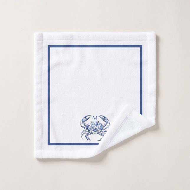 Blue Crab Coastal Nautical Monogram Bath Towel Set (Wash Cloth)