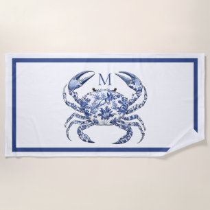 Blue Crab Coastal Nautical Monogram Beach Towel
