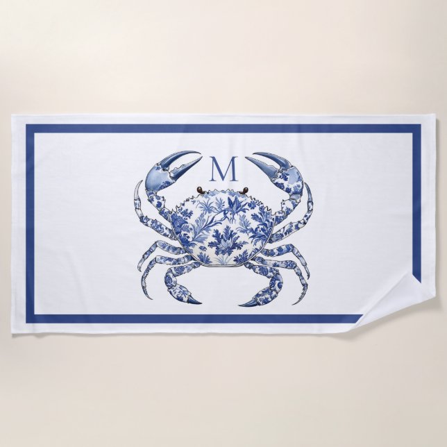 Blue Crab Coastal Nautical Monogram Beach Towel (Front)